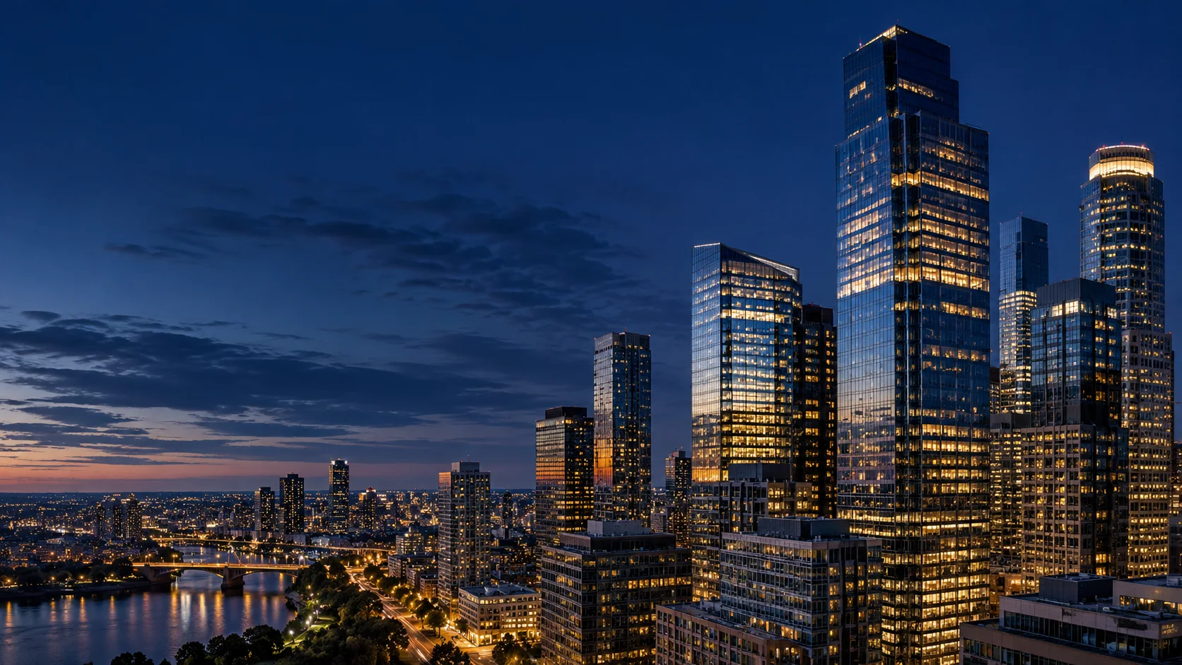 Illustrative commercial office towers at dusk beside a waterfront